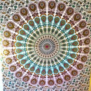 BOHEMIAN PSYCHEDELIC PEACOCK MANDALA WALL HANGING TAPESTRY (FLORAL PINK GOLD)